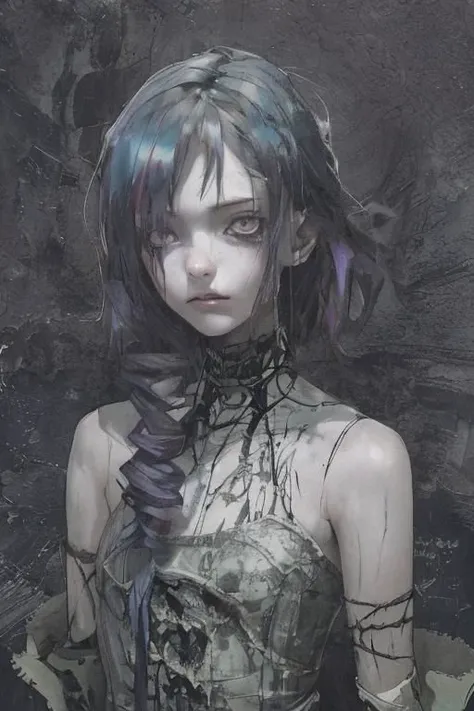 grunge style An eerie and captivating photo, gaunt gothic woman stands alone in the darkness of the night, rim lighting, extreme close-up, Her purple and blue highlights in her hair falls around her sunken cheeks and hollow eyes, accentuated by the shadows...