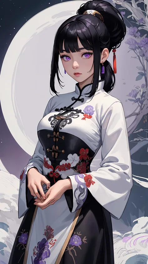 A woman in a white well fitting Chinese dress with black embroidery,her black hair styled in a ponytail and a straight fringe with a bangs, purple eyes, with a curious expression,cowboy shot,fantasy world,magic,masterpiece, best quality, intricate detail,