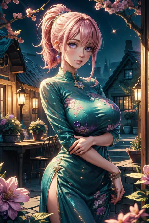 (masterpiece:1.2),( high quality:1.1),anime style, 
mature adult women, pink hair, ponytail hair, bangs,(aqua eyes:0.5),Aunt Samantha Costume,(glitter, sparkling:1.1) [<lora:md02301:0.5>solo,many skulls,branch,outdoors,china dress,a huge tree,(blood, blood...