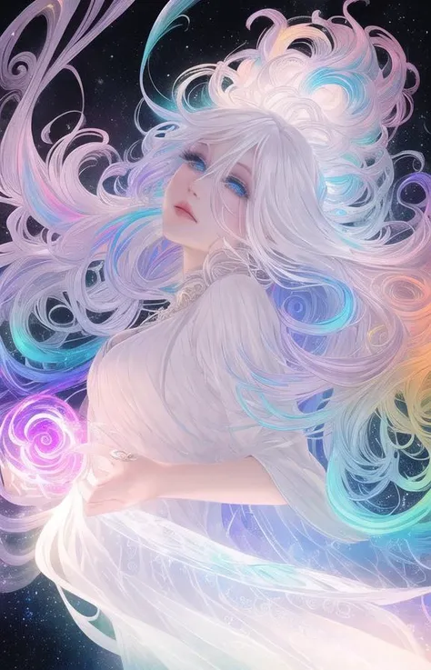 a woman in a white dress standing in front of a colorful swirl, inspired by Charlie Bowater, intricate rainbow environment, long flowing white hair, modeling photograph kerli koiv, similar to the bifrost, beauty woman in holograms, powering up aura, twirls...