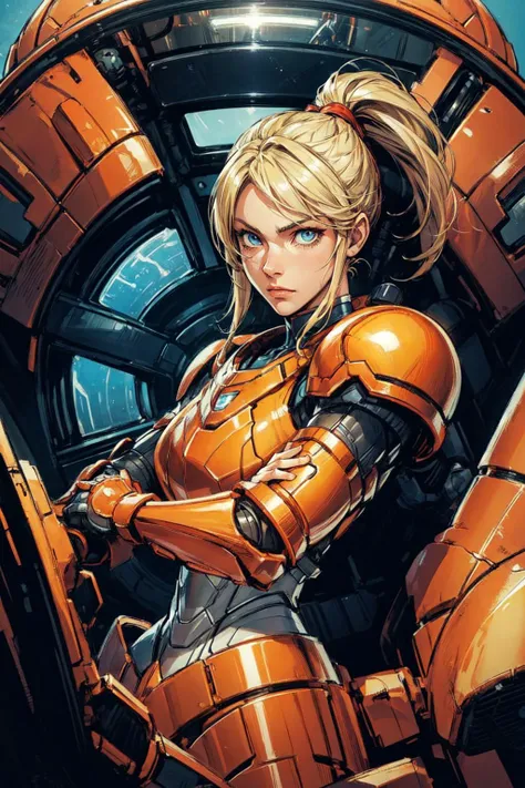 thick outlines, comics, photorealistic, 1girl, solo, dynamic pose, <lora:SamusaranV1:0.4>, samusaran, blonde hair, blue eyes, ponytail, orange armor, red helmet, arm cannon, inside of a spaceship, futuristic, detailed background, detailed face, detailed ey...