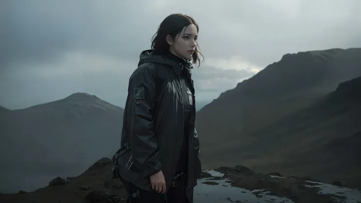 recommended positive prompts: Best quality, masterpiece, ultra high res, (photorealistic:1.4), 1girl,long hair, standing on the side of the mountain, lookout, death stranding, future, raincoat, machinery,