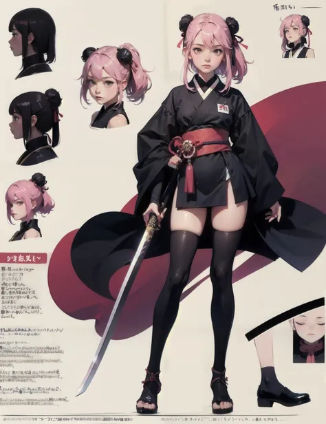 character design sheet, 1girl, magical samurai, sakura hair, black clothes, glowing pink katana, masterpiece, best quality