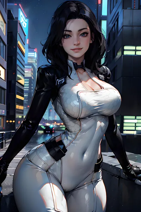 (masterpiece:1.3, best quality), intricate details, sexy pose, MirandaME, sexy milf, long hair, black hair, smiling, seductive look, evil grin, nice tits, large breasts, bodysuit, cleavage, at night, outdoor, skyscrapers, futuristic city background, absurd...