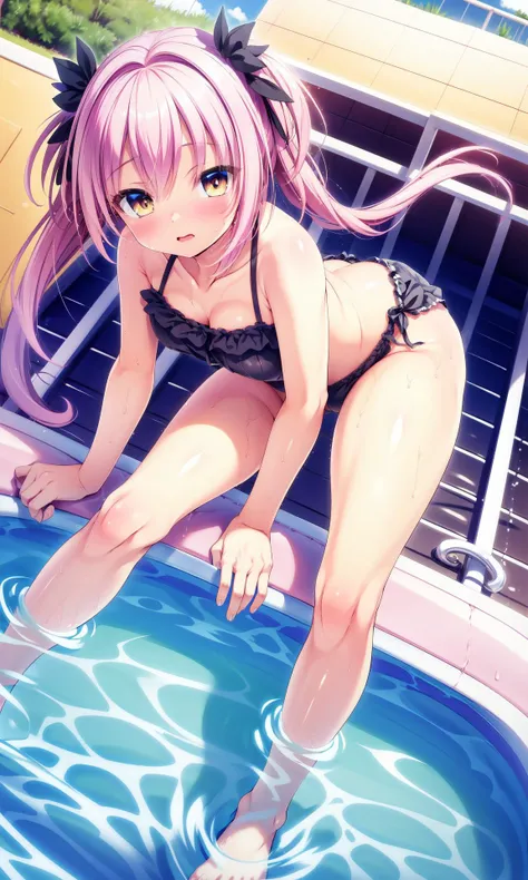 masterpiece, best quality, highly detailed,  (high angle:1.5), 1girl, sweat,  spread legs,  barefoot,  <lora:rubi-sama:0.8>,  yellow eyes, pink hair, long hair,  heavy hair, swimsuit, swimsuit under clothes, , middle breasts, 
(sitting on wading pool, wate...