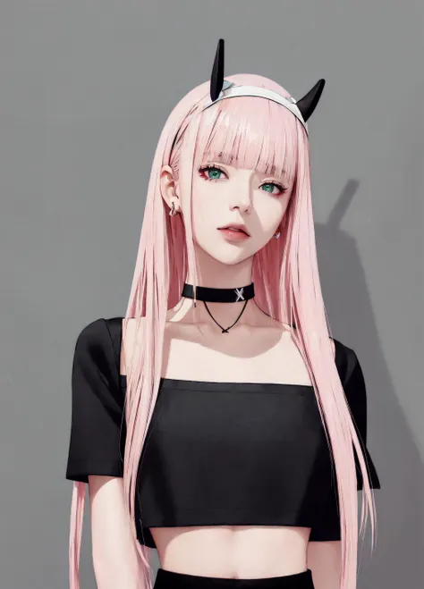 a woman with pink hair and horns on her head