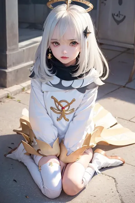 1girl, solo, thighhighs, paimon (genshin impact), long sleeves, white dress, dress, halo, thighhighs under boots, single thighhigh, bangs, boots, hair between eyes, white footwear,  white thighhighs, white hair <lora:paimonGenshinImpact_v10:0.8>,<lora:cute...