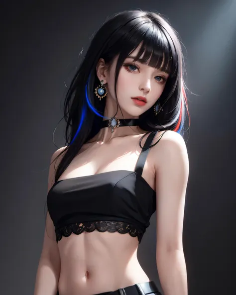 a woman with long black hair and blue hair wearing a black bra top