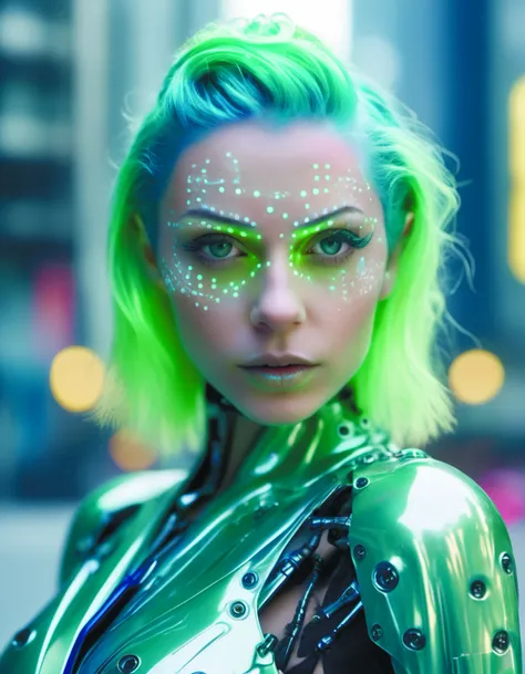 a close up of a woman with green hair and a green costume