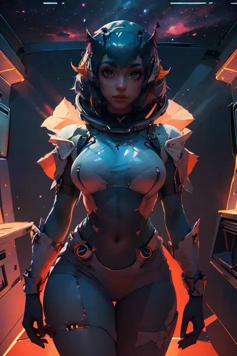 a woman in a futuristic space suit standing in a hallway