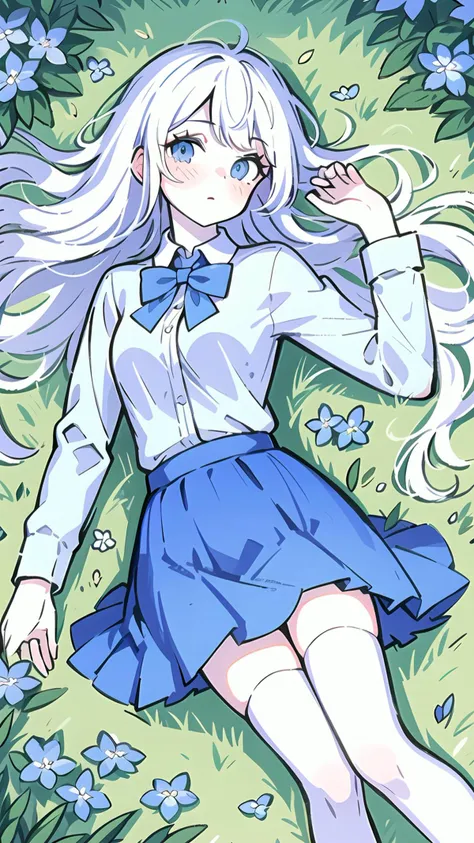 best quality, masterpiece, high contrast, indoors, 1girl, solo, long hair, white hair, blue eyes, detailed eyes, peaceful, medium breasts, lying, grassland, forget-me-not (flower), petals, collared shirt, long sleeves, blue bowtie, white shirt, blue skirt,...