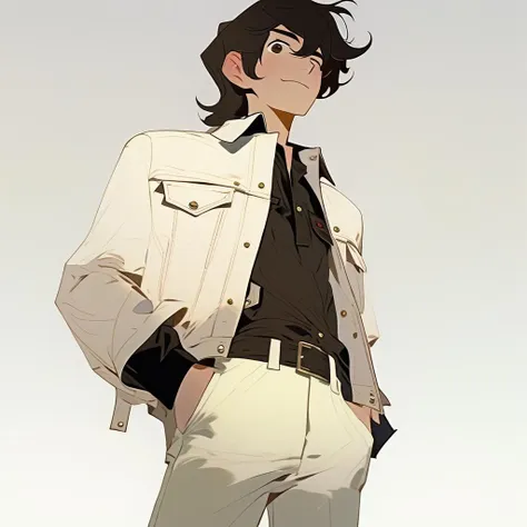 anime character with black hair and white jacket standing in front of a white background