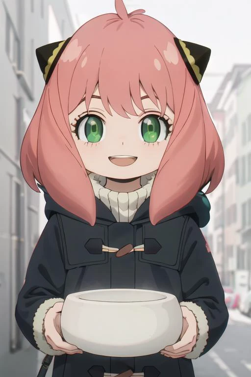 best quality, masterpiece, highres, solo, {anya_forger_spyxfamily:1.15}, pink_hair, female_child, child, green_eyes, open_mouth, bangs, 1girl, coat, looking_at_viewer, ahoge, black_coat, upper_body, long_sleeves, fur_trim, hairpods, chromatic_aberration, s...