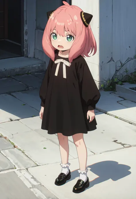 anime girl in black dress standing on sidewalk with white building in background