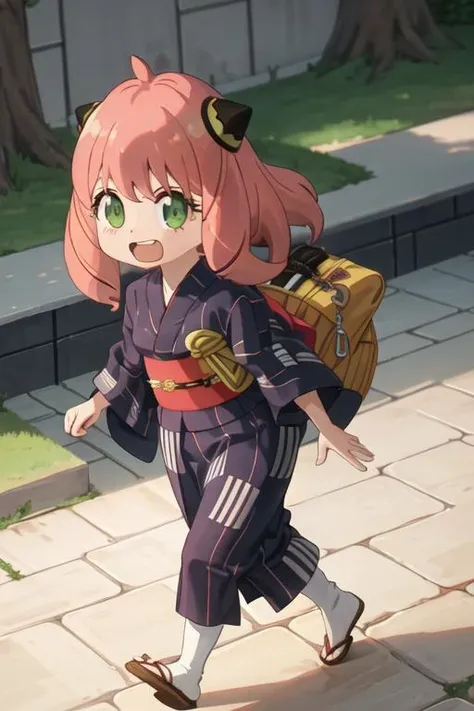 best quality, masterpiece, highres, solo, {yukata:1.40}, {kimono:1.20}, {anya_forger_spyxfamily:1.15}, pink_hair, female_child, child, green_eyes, open_mouth, bangs