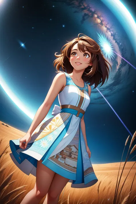 a woman in a dress standing in a field with a planet in the background