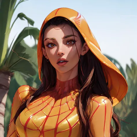 a close up of a woman in a yellow outfit with a hood on