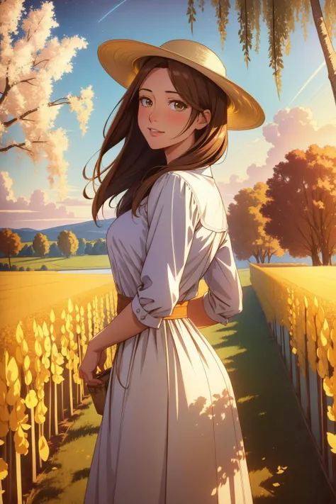 a woman in a hat standing in a field of flowers