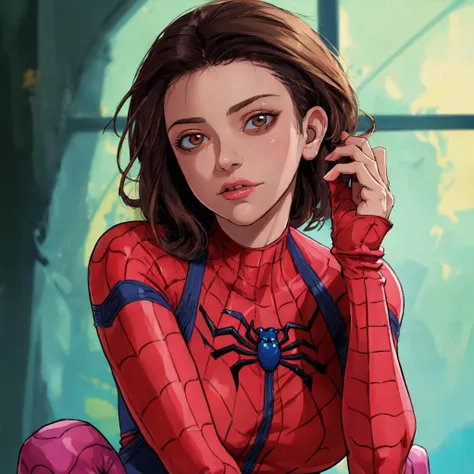 spider - man is sitting on a chair with her hands on her head