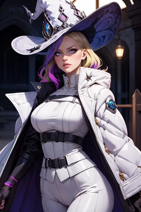 a woman in a white outfit and a hat with purple hair