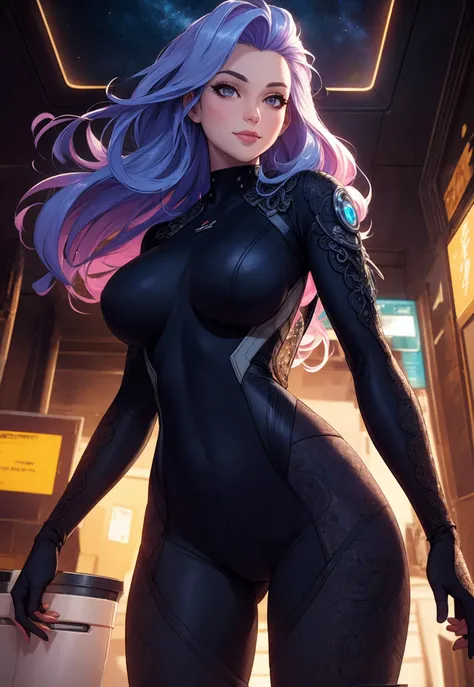 (night), detailed,  high-tech, sci-fi, cinematic angle, intricate angle, (masterpiece,best quality,edgQuality), beach, sly girl, intricate partial bodysuit,  intricate colorful hair, (pale skin), slight smile, voluminous
hair, intricate, detailed, cinemati...