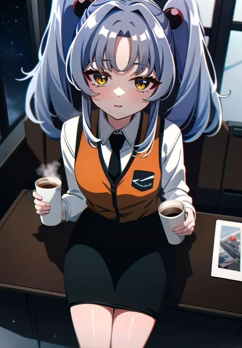 anime girl with long hair sitting on a table holding a cup of coffee