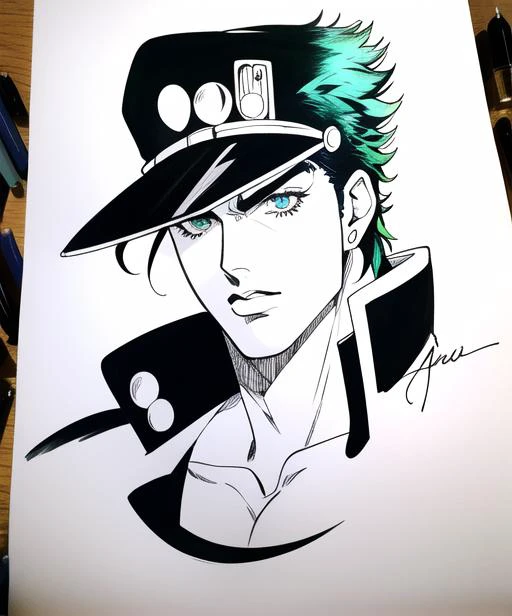 sketch, signed,vintage,  sketch, monochromatic, authentic traditonal artwork,  photograph, [anime, lineart, masterpiece, best quality, anime, highly detailed face, perfect anatomy:5], (kujo jotaro, solo),portrait, (blue greenish Eyes, black Hair), 1boy, Mu...