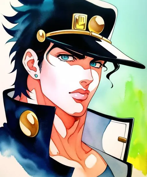 painting, signed,vintage,  paint stokes, photograph, [anime, lineart, masterpiece, best quality, anime, highly detailed face, perfect anatomy:5], (kujo jotaro, solo),portrait, (blue greenish Eyes, black Hair), 1boy, Muscular, pectorals, <lora:jotaro:0.69> ...