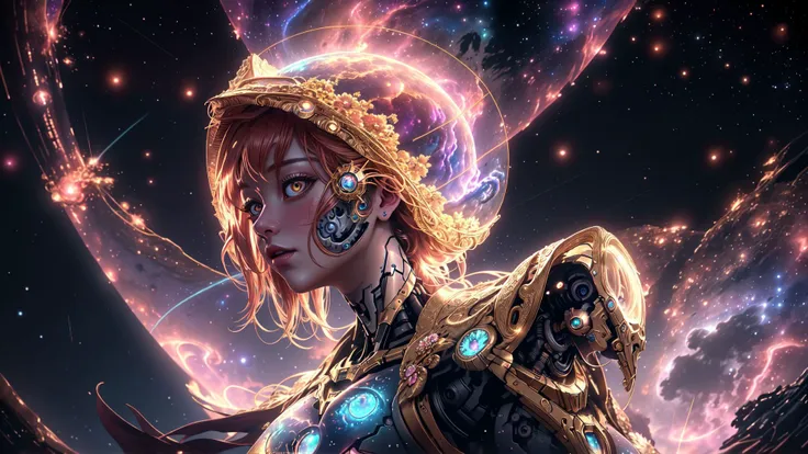 a woman with a helmet and a sword in front of a galaxy