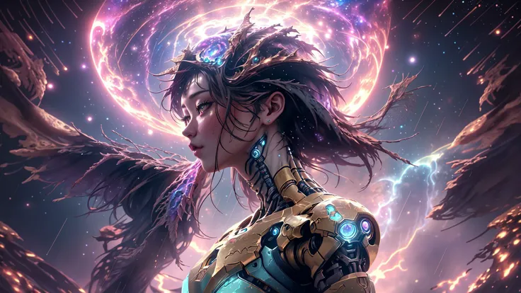 an award winning photograph of a woman,halo,intricate cyberpunk robot,highly detailed,soft bokeh Deep space nebula background,art by mooncryptowow and popular science <lora:wowifierV3:1>,dynamic angle,triadic lighting,(<lora:rain_style:0.6> rain style),