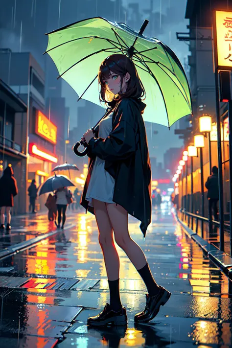 anime girl with umbrella walking in the rain