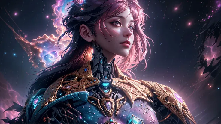 an award winning photograph of a woman,halo,intricate cyberpunk robot,highly detailed,soft bokeh Deep space nebula background,art by mooncryptowow and popular science <lora:wowifierV3:1>,dynamic angle,triadic lighting,(<lora:rain_style:0.6> rain style),