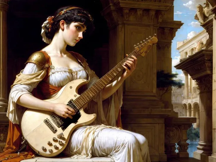 CLASSICSTYLE, (absurdres, biggest quality, masterpiece) , woman dressed with a roman dress playing the electric guitar , intrincate, trending in artstation, oil painting ,  <lora:more_details:0.5>