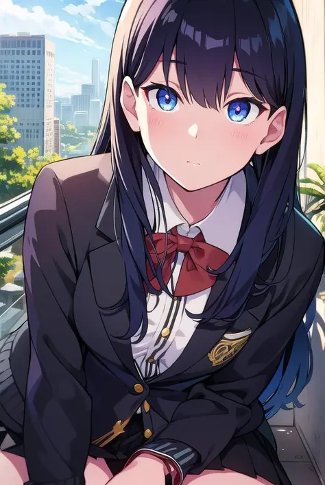 rikkatakarada, <lyco:rikkatakarada-LYCORIStest:1>, rikka takarada, black hair, blue eyes, long hair, orange scrunchie, scrunchie, wrist scrunchie
BREAK black footwear, black skirt, bow, bowtie, buttons, cardigan, collared shirt, long sleeves, microskirt, p...