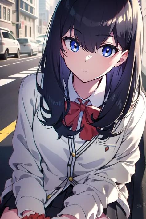 rikkatakarada, <lyco:rikkatakarada-LYCORIStest:1>, rikka takarada, black hair, blue eyes, long hair, orange scrunchie, scrunchie, wrist scrunchie
BREAK black footwear, black skirt, bow, bowtie, buttons, cardigan, collared shirt, long sleeves, microskirt, p...