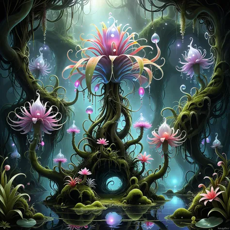 a painting of a fantasy forest with flowers and plants