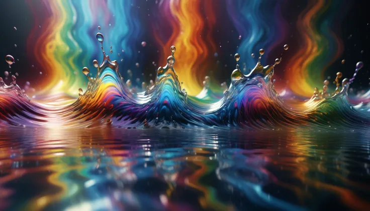 a colorful wave of water with rainbows and bubbles