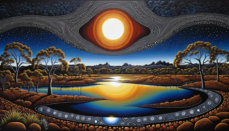 Landscape, night, solar eclipse, disappearance, special aura, detailed, australian aboriginal art style