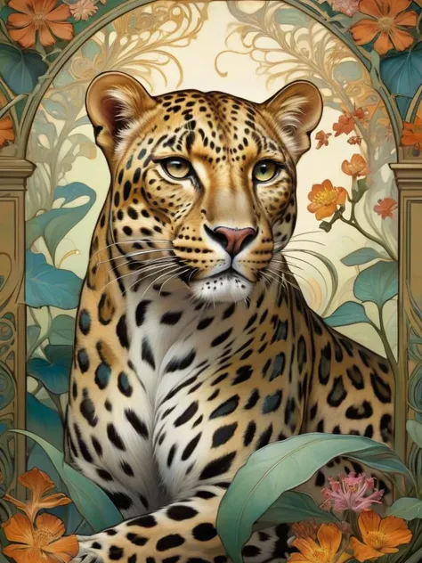 a painting of a leopard sitting in a floral frame