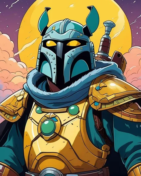 futurama style, portrait,close up of a Male Pandaren Vizier, he is cosplaying as Boba Fett, ð¤, Thunderstorm, Joyful, Figurative Art, 35mm, Gradient mist, full of deep yellow, <lora:Stablerama_SDXL:1>, very intricate detailed, amazing quality