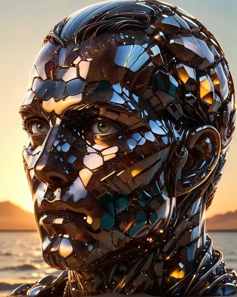 a close up of a sculpture of a man with a face made of broken glass