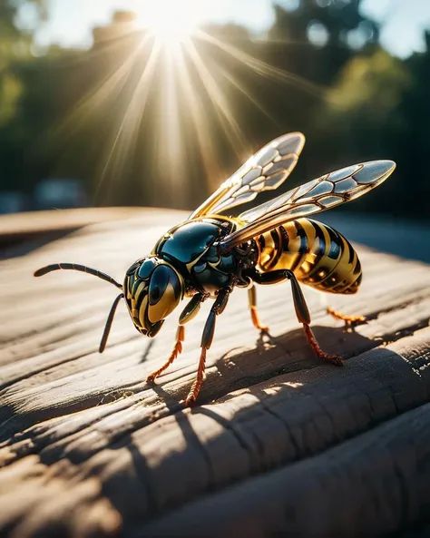 a close up of a hornet insect on a wooden surface