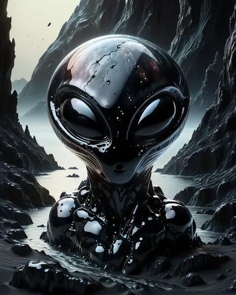 alien looking at the camera in a rocky area with water