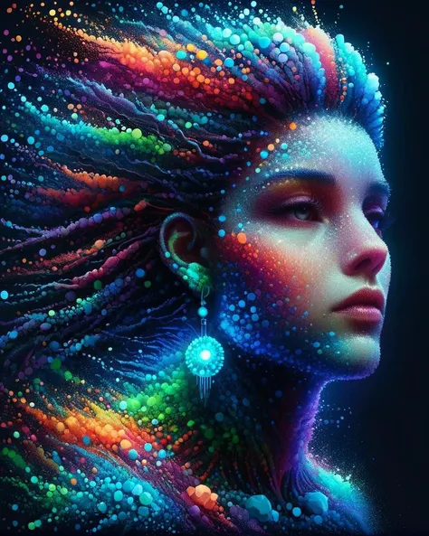 a woman with colorful hair and glowing makeup