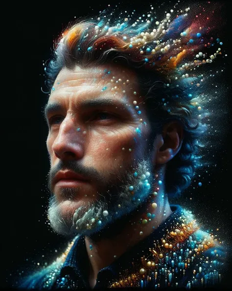 a man with a beard and a beard with a lot of stars on his head