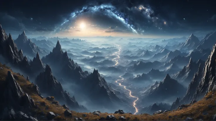 A beautiful mountainside with the abyss of infinity in the sky, 16k, hyper-realistic, atmospheric lighting, UHD, deeply intricate and tiny details on everything, as fine a detail as you can get