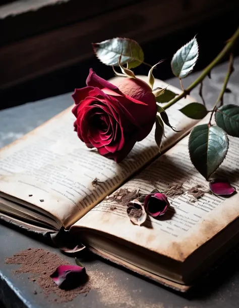 there is a rose that is sitting on top of an open book