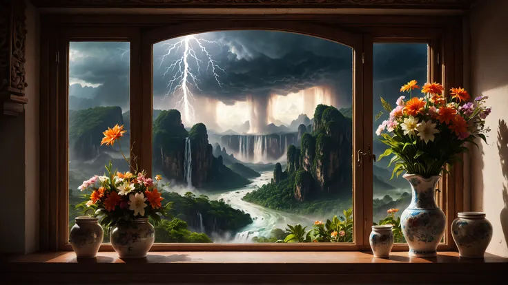 An ornate chair sits beside an open window which holds ornate jars and flowers.
Through the window cumulonimbus clouds with storms and lightning are seen over a vast mountain range with rivers and water falls.
The sun casts its rays onto the country side.
...