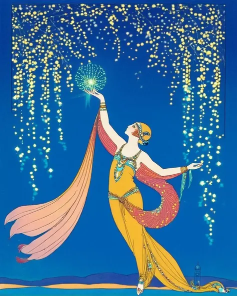 morocco, Neogothic Art, Kawaii anime, "The dance of fireflies, illuminating the night with their ethereal glow, reminding us of the magic in simplicity.", three colors, <lora:george_barbier_xl:1> barbier