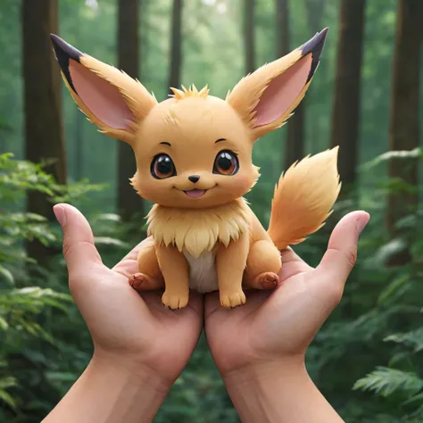 someone holding a small toy in their hands in a forest